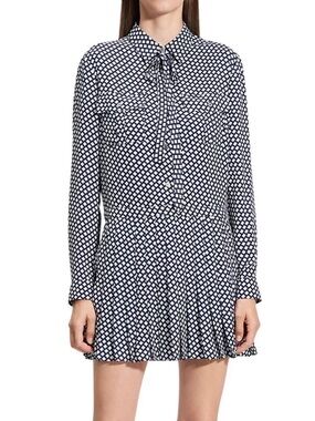 Theory Long-sleeve Pleated Mini Shirt Dress Size XS Blue Gray White Tie New NWT